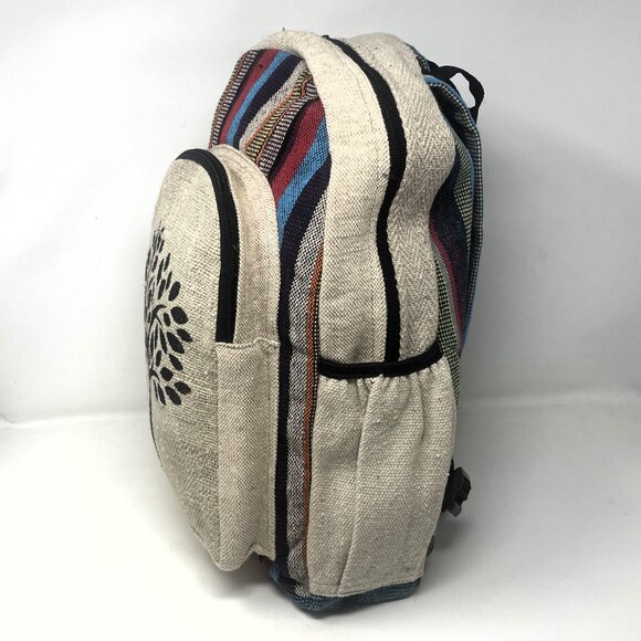Beautiful Colorful Strip Large Pure Hemp Multi Pocket Backpack with Tree of Life
